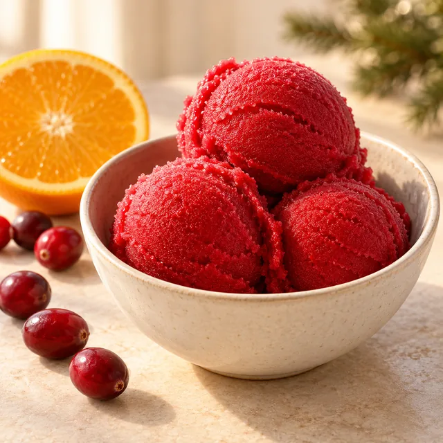 Serviervorschlag für Cranberry-Orangen-Sorbet für Advent und Weihnachten