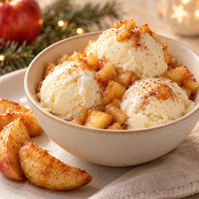 Serviervorschlag für Bratapfel-Vanille-Eis mit Zimt