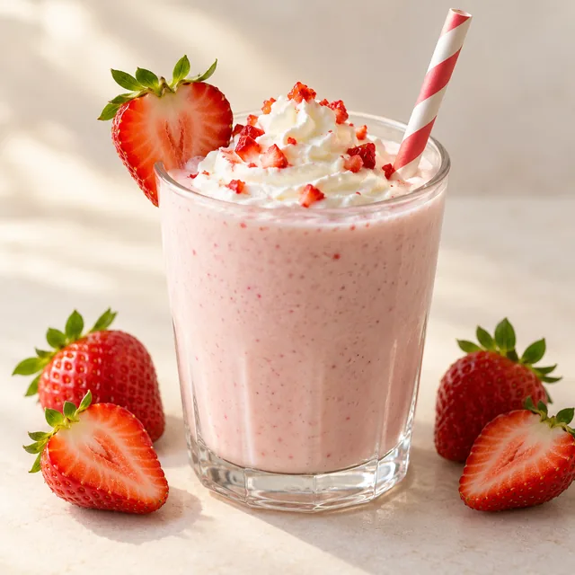Serviervorschlag für Erdbeer-Vanille-Milkshake