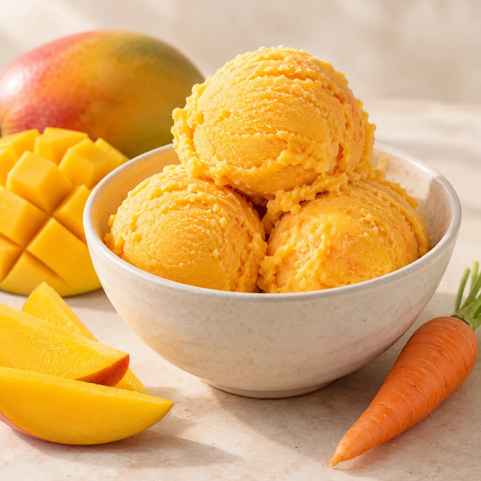 Karotten-Mango-Eis mit Kokos – Serviervorschlag