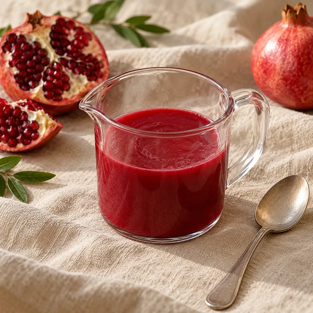 Flüssige rubinrote Granatapfel-Sorbetbasis in einem Messkrug neben einer offenen Frucht.