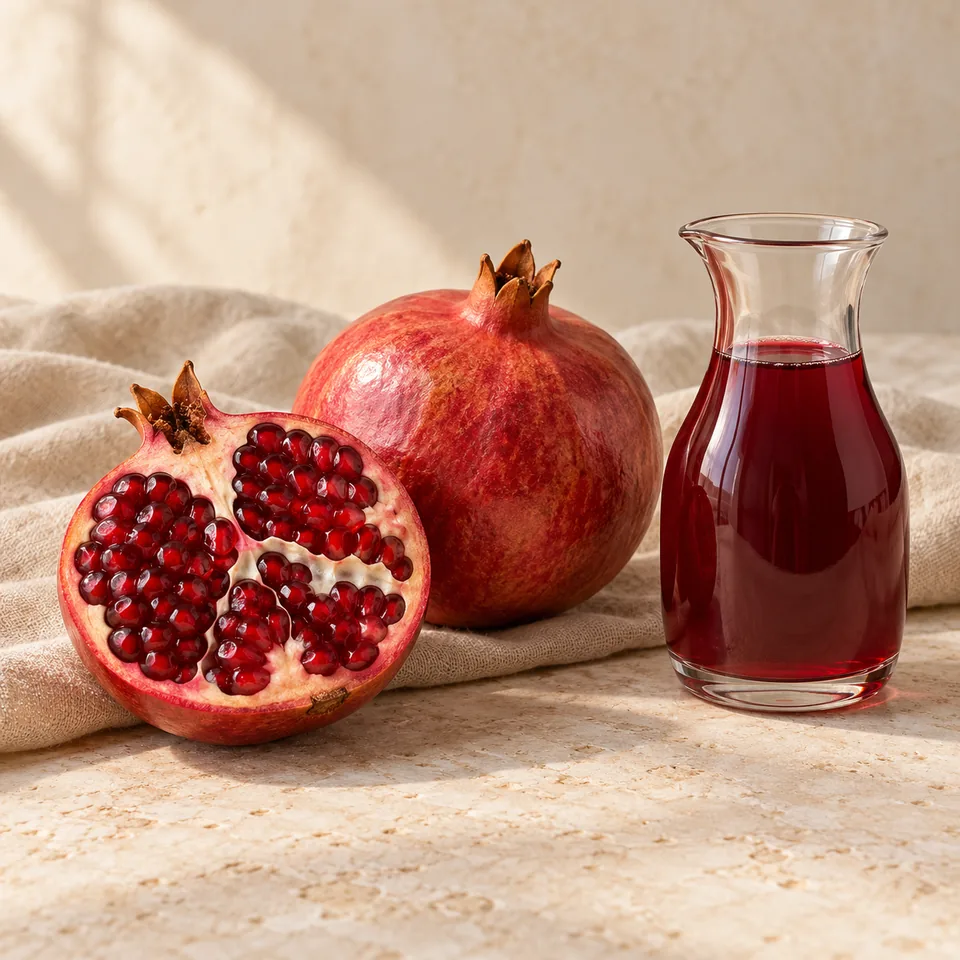 Ein aufgeschnittener Granatapfel mit roten Kernen, eine ganze Frucht und ein kleines Saftgefäß.