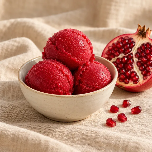 Drei rubinrote Granatapfel-Sorbetkugeln in einer hellen Schale neben einem offenen Granatapfel.