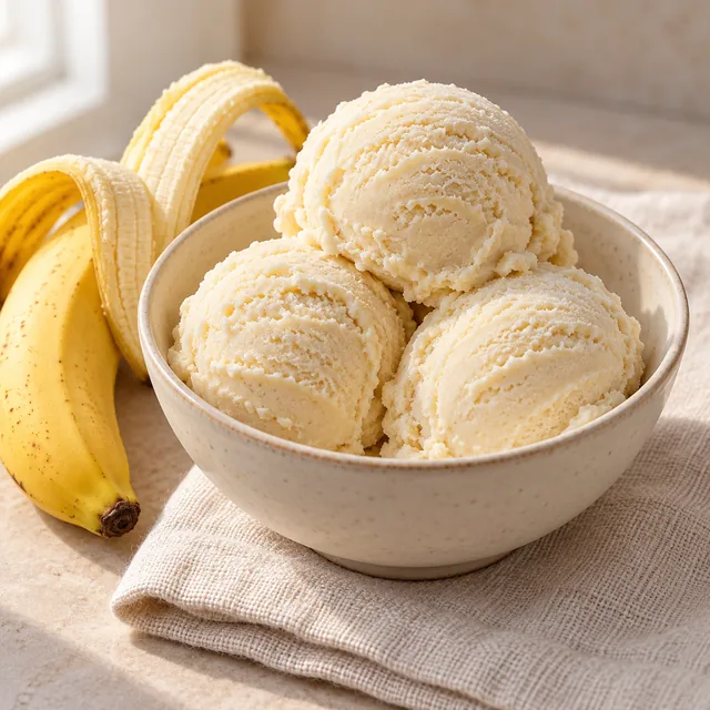 Serviervorschlag für Bananeneis pur mit Milch und Sahne