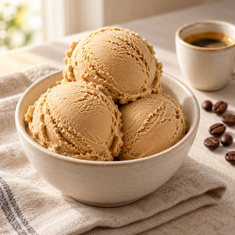 Kaffeeeis mit frisch gebrühtem Espresso – Serviervorschlag