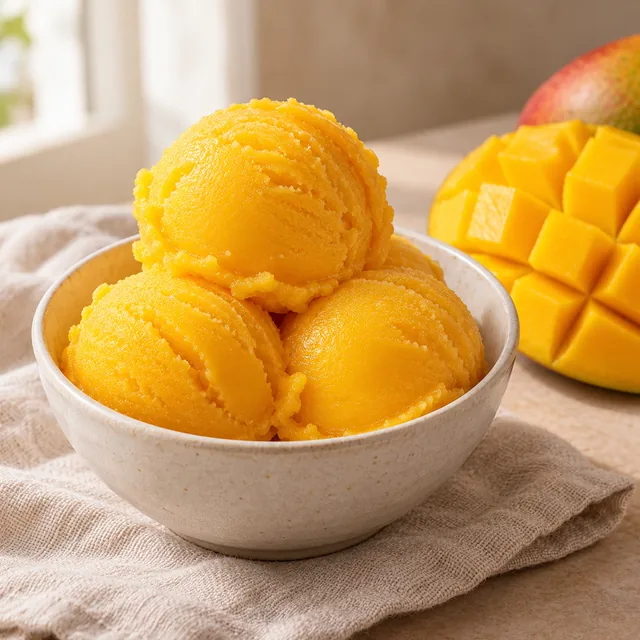 Serviervorschlag für Mangoeis pur: fruchtiges Mango-Sorbet