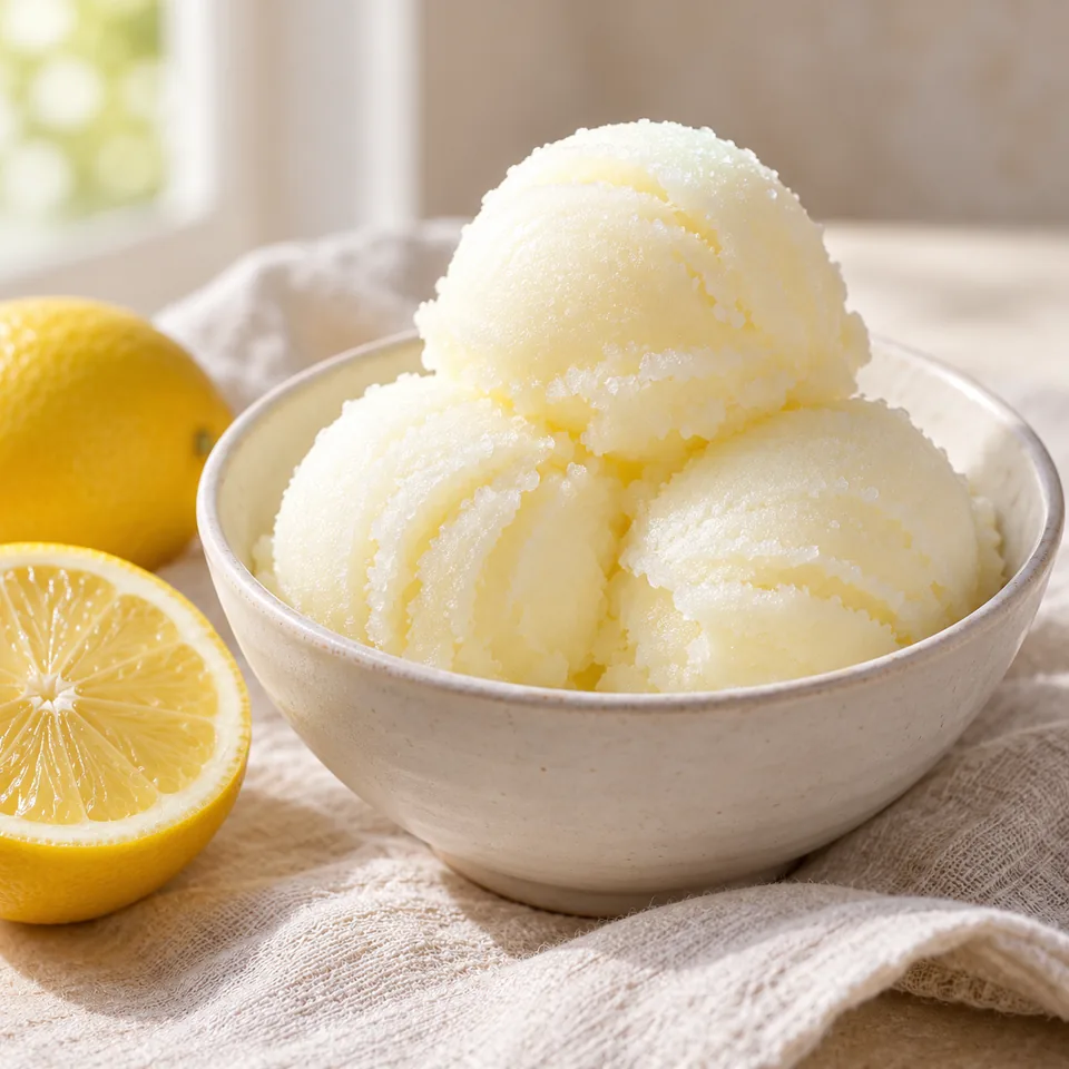 Zitronensorbet aus Saft, Wasser und Zucker – Serviervorschlag