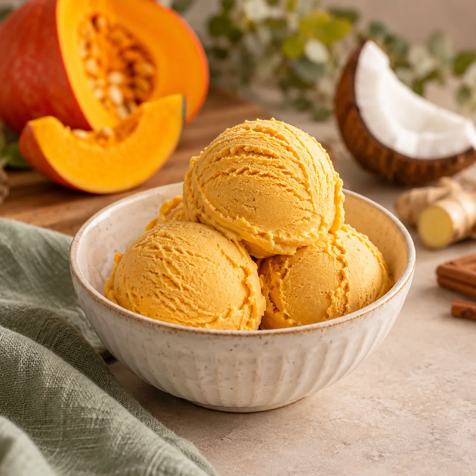 Kürbis-Kokos-Eis für Halloween: vegan und mit Ingwer – Serviervorschlag