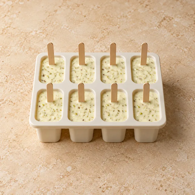 Acht Eisformmulden mit flüssiger Pistazien-Milch-Mischung und Holzstielen.