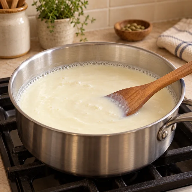 Sanft köchelnde Milch in einem breiten Topf mit einem Rührspatel.