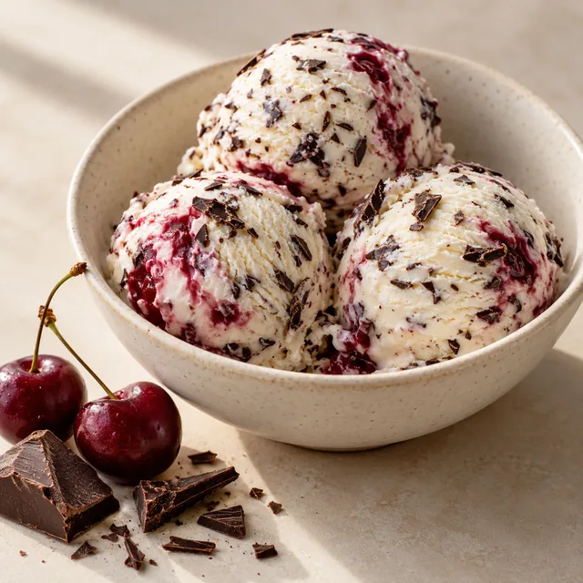 Serviervorschlag für Alexander-Eis: Stracciatella mit Kirschswirl
