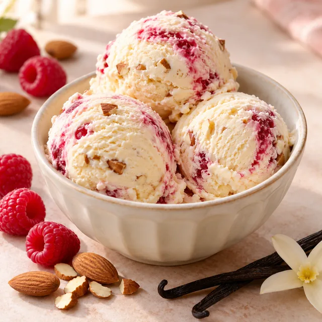 Serviervorschlag für Anna-Eis: Vanille, Himbeere und Mandel