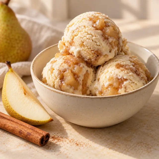 Serviervorschlag für Christian-Eis: Vanille, Birne und Zimt