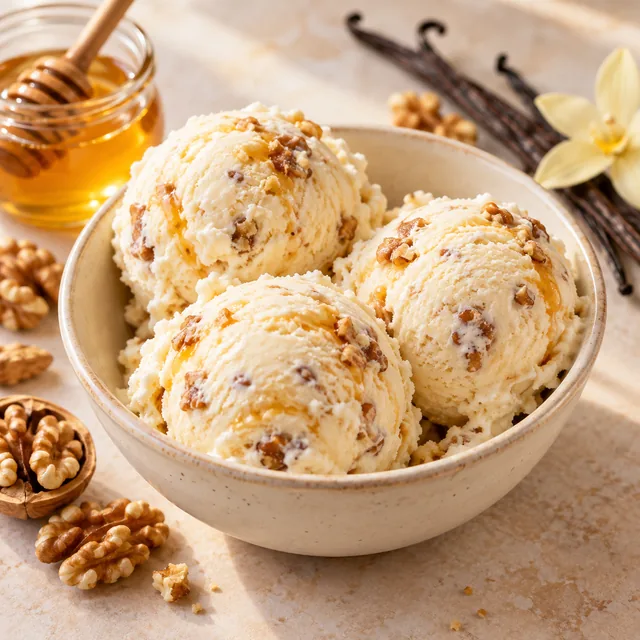 Serviervorschlag für Elias-Eis: Honig, Walnuss und Vanille