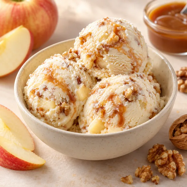 Serviervorschlag für Emma-Eis: Apfel, Karamell und Walnuss