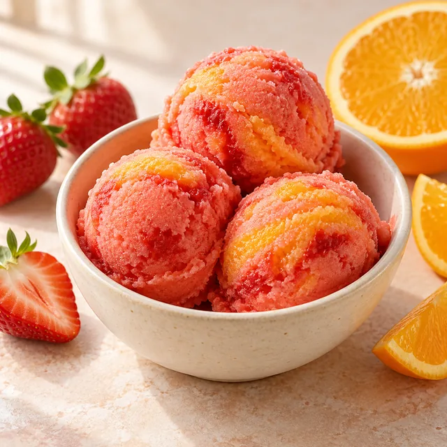 Serviervorschlag für Florian-Eis: Erdbeere und Orange