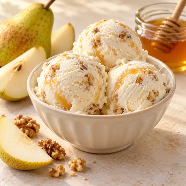 Serviervorschlag für Frieda-Eis: Birne, Honig und Walnuss