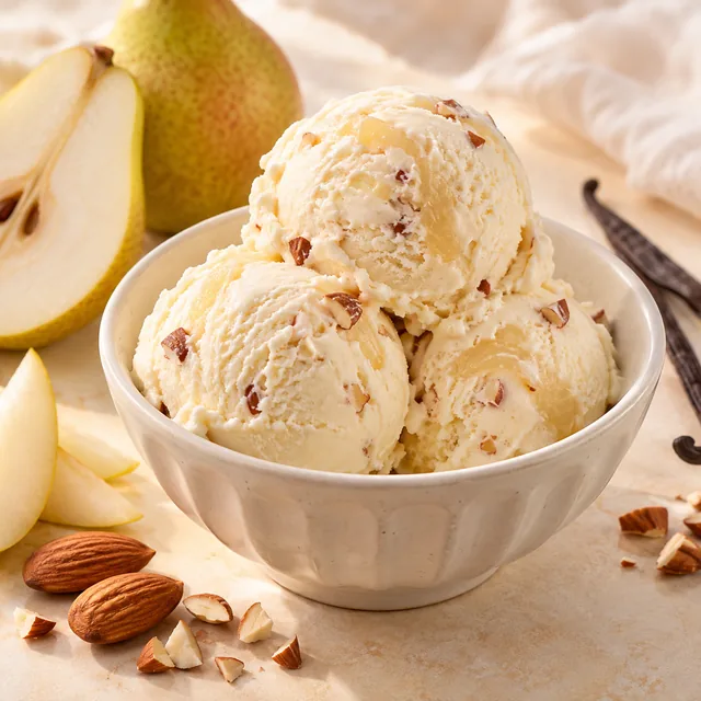 Serviervorschlag für Hannah-Eis: Birne, Vanille und Mandel