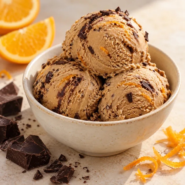 Serviervorschlag für Henrik-Eis: Kaffee, Schokolade und Orange