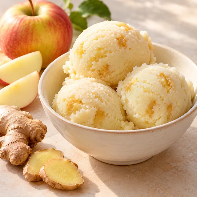 Serviervorschlag für Jakob-Eis: Apfel und Ingwer