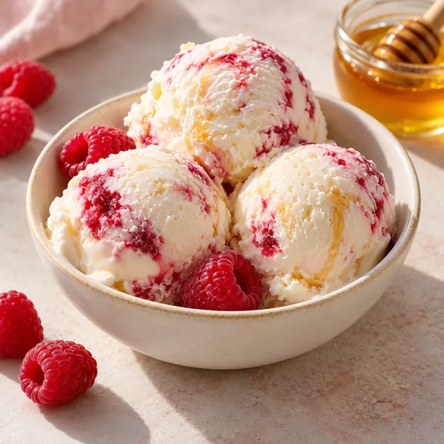 Serviervorschlag für Johanna-Eis: Himbeere, Honig und Joghurt