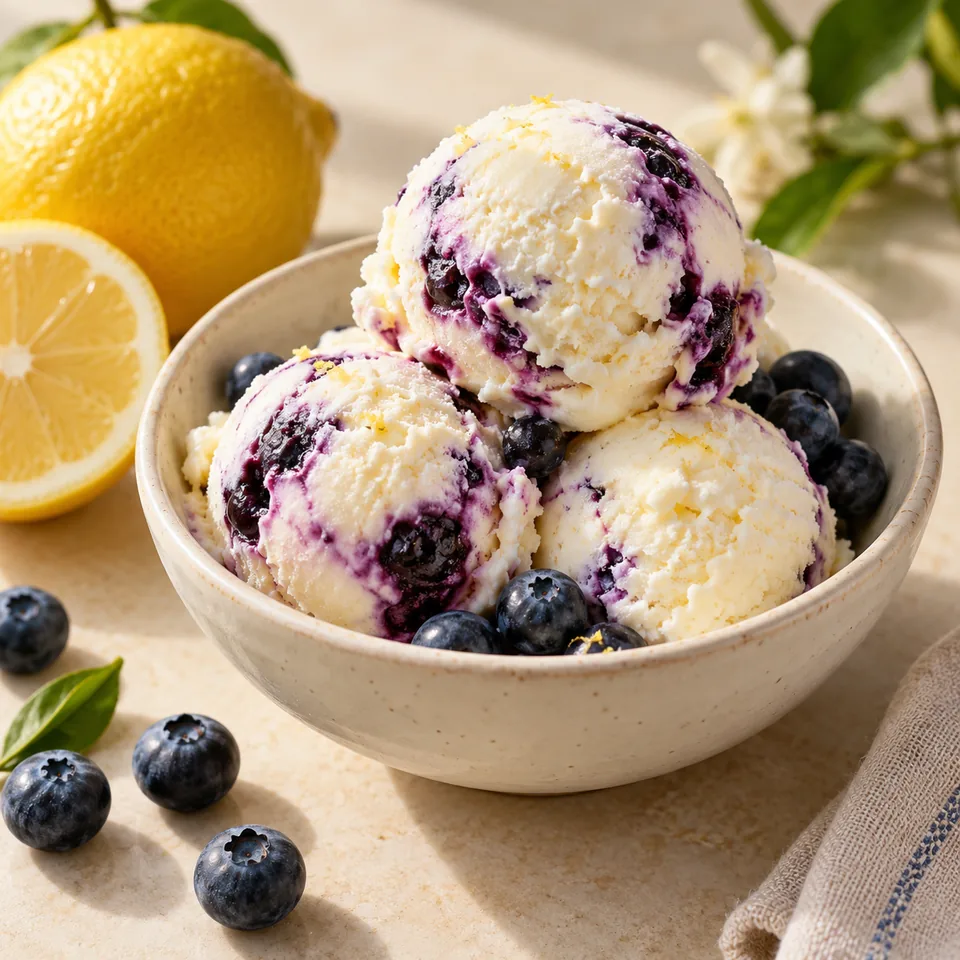 Katharina-Eis: Zitronenjoghurt mit Blaubeerstreifen – Serviervorschlag