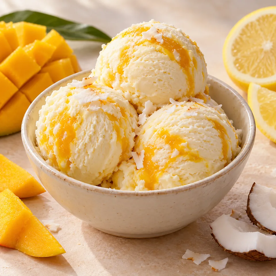 Lena-Eis: Mango, Zitrone und Kokos – Serviervorschlag