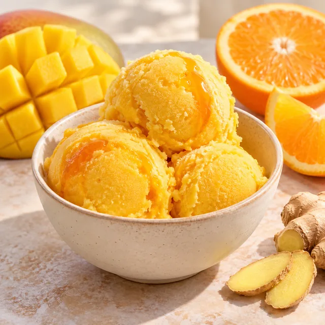 Serviervorschlag für Leon-Eis: Mango, Orange und Ingwer
