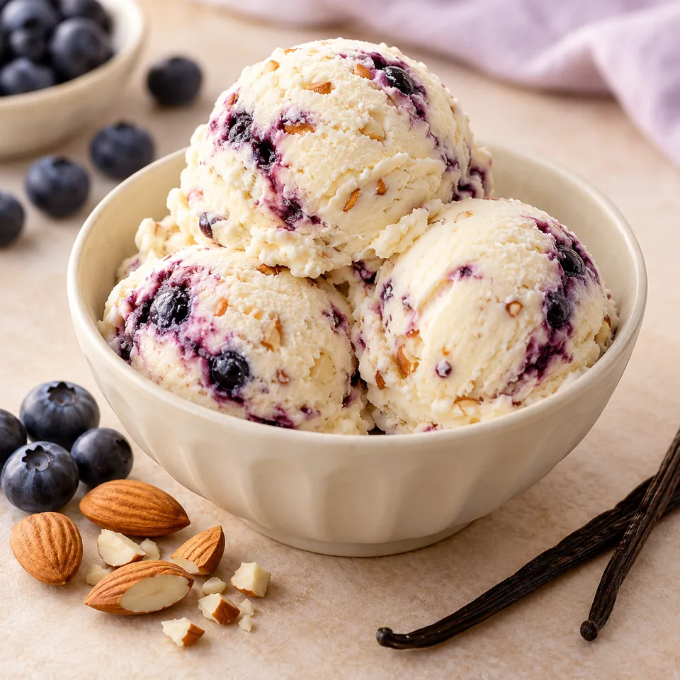 Marie-Eis: Blaubeere, Vanille und Mandel – Serviervorschlag