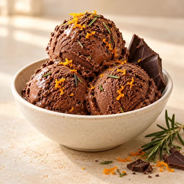 Serviervorschlag für Markus-Eis: Schokolade, Orange und Rosmarin