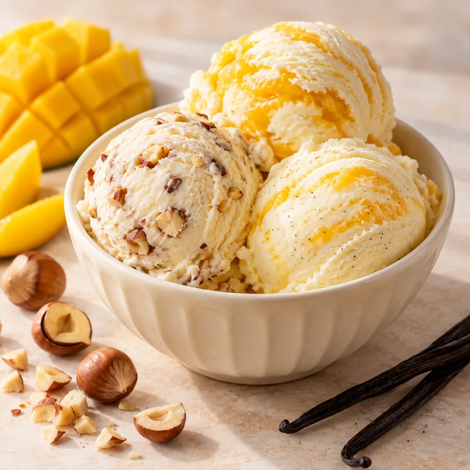 Matthias-Eis: Mango, Vanille und Haselnuss – Serviervorschlag