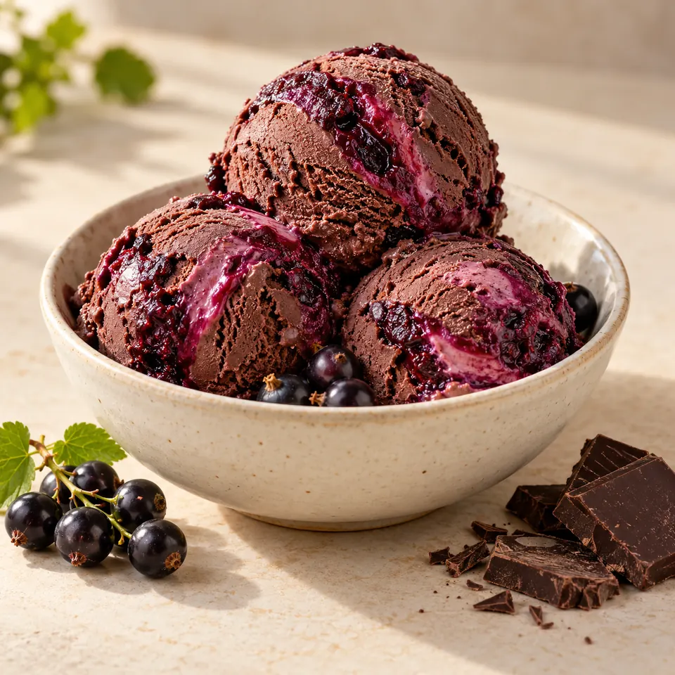 Melanie-Eis: Schokolade und schwarze Johannisbeere – Serviervorschlag