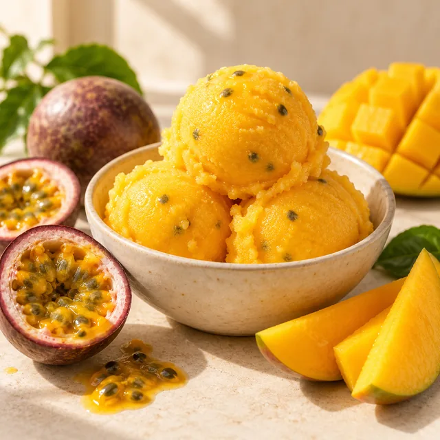 Serviervorschlag für Nadine-Eis: Mango und Maracuja