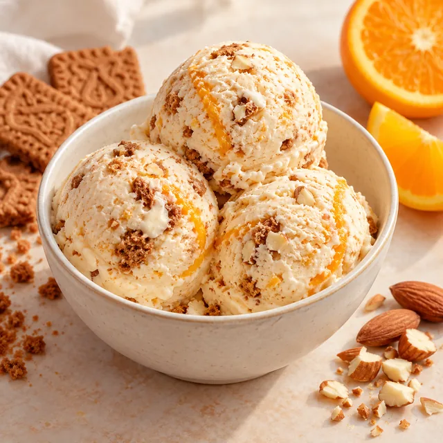 Serviervorschlag für Niklas-Eis: Spekulatius, Orange und Mandel