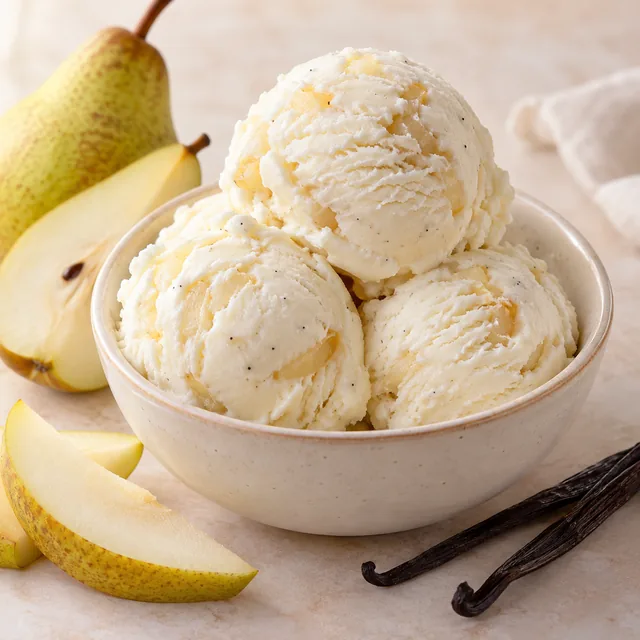 Serviervorschlag für Noah-Eis: Birne, Kokos und Vanille