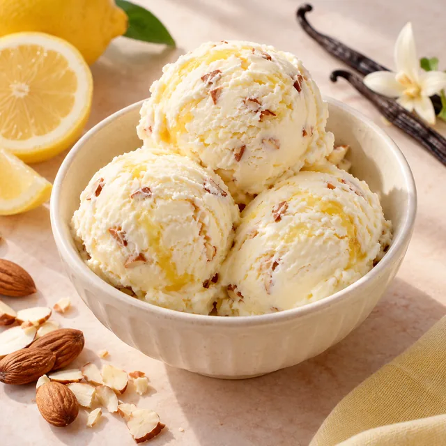 Serviervorschlag für Paul-Eis: Vanille, Zitrone und Mandel