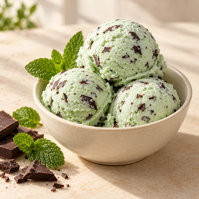 Serviervorschlag für Sandra-Eis: Minze und Schokosplitter