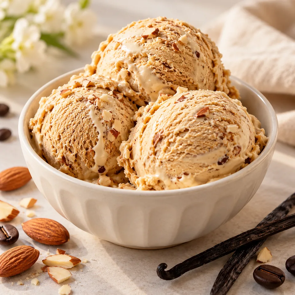 Simon-Eis: Kaffee, Vanille und Mandel – Serviervorschlag