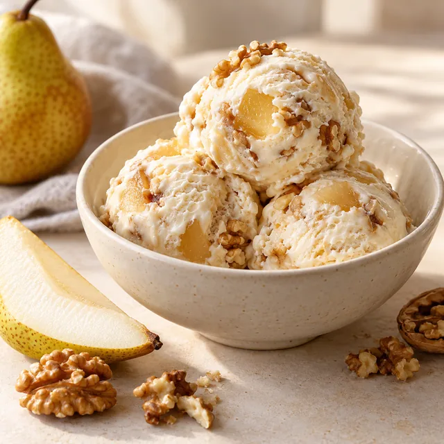 Serviervorschlag für Stefanie-Eis: Birne und Walnuss