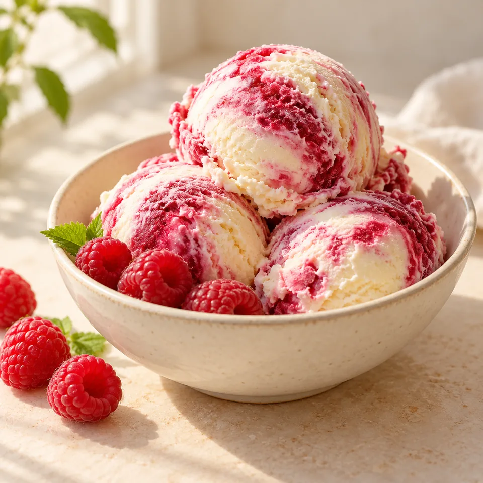 Thomas-Eis: Vanille mit Himbeerstreifen – Serviervorschlag