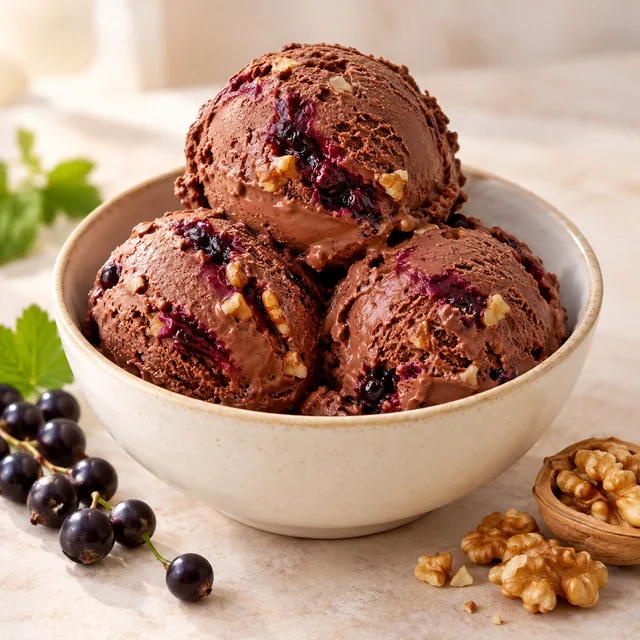 Serviervorschlag für Vincent-Eis: Kakao, Johannisbeere und Walnuss