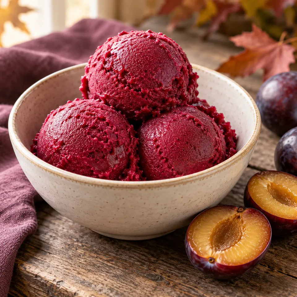 Pflaumensorbet aus gekochten Früchten – Serviervorschlag