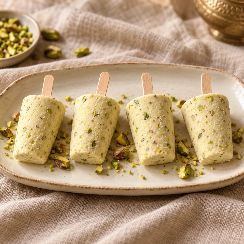 Kleine cremefarbene Pistazien-Kulfi am Holzstiel mit grünen Pistazienflecken auf einer Platte.