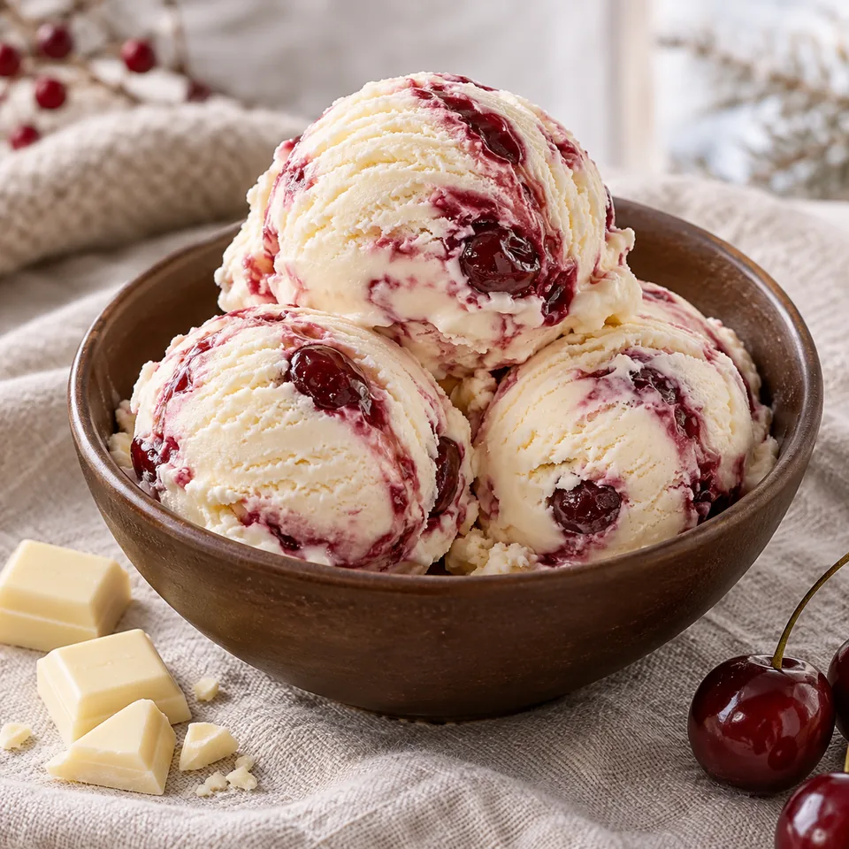 Weiße-Schokolade-Kirsch-Eis für die Wintertafel – Serviervorschlag