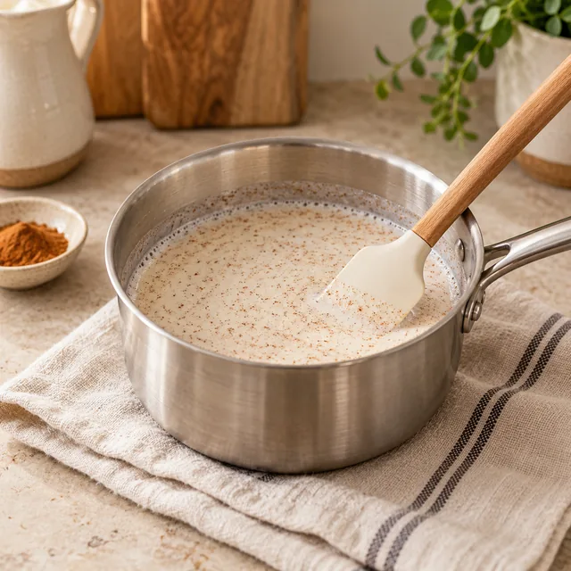 Milch mit feinen Zimtpunkten in einem kleinen Topf mit Rührspatel.