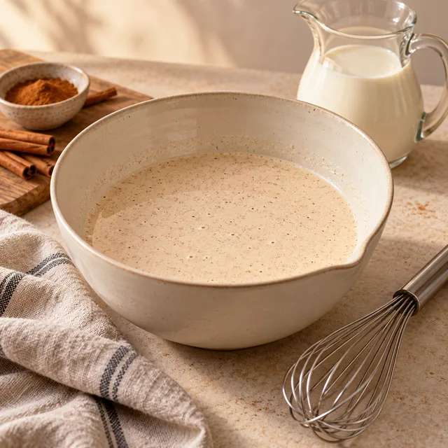 Flüssige hellbeige Zimteisbasis in einer Schüssel neben Schneebesen und Sahnekännchen.